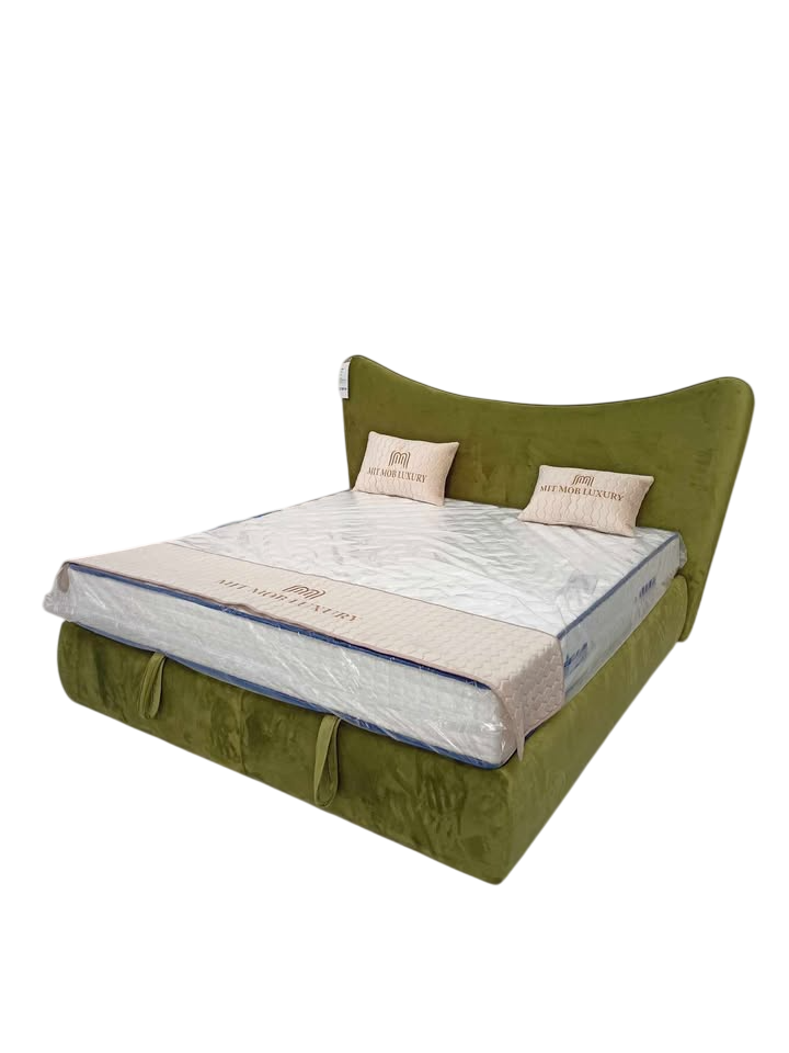 PAT096, Pat tapitat 180x200 cm, somieră dubla rabatabilă cu pistoane și ladă de depozitare