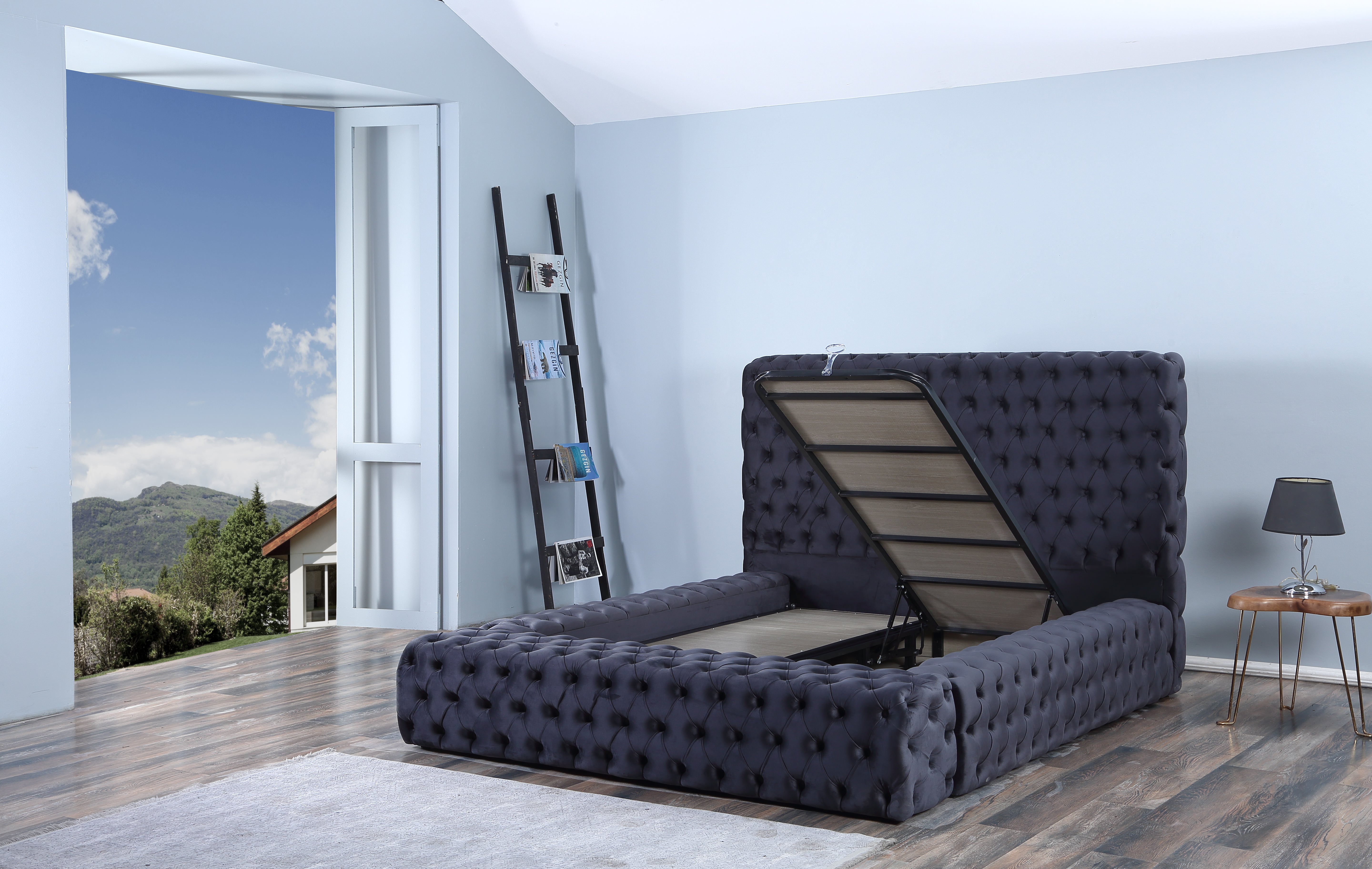 PAT023, Pat tapitat, 160x200 cm, somiera dubla rabatabila cu pistoane si lazi depozitare