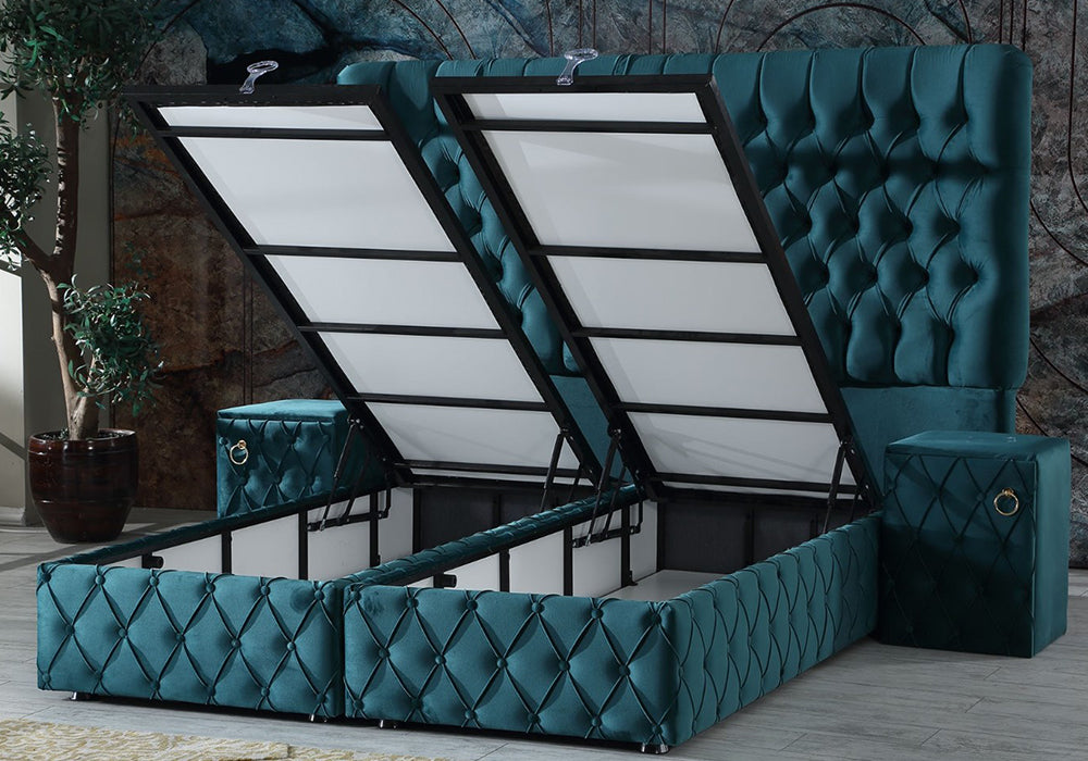 PAT046, Pat tapitat, 180x200 cm, somiera dubla rabatabila cu pistoane si lazi depozitare