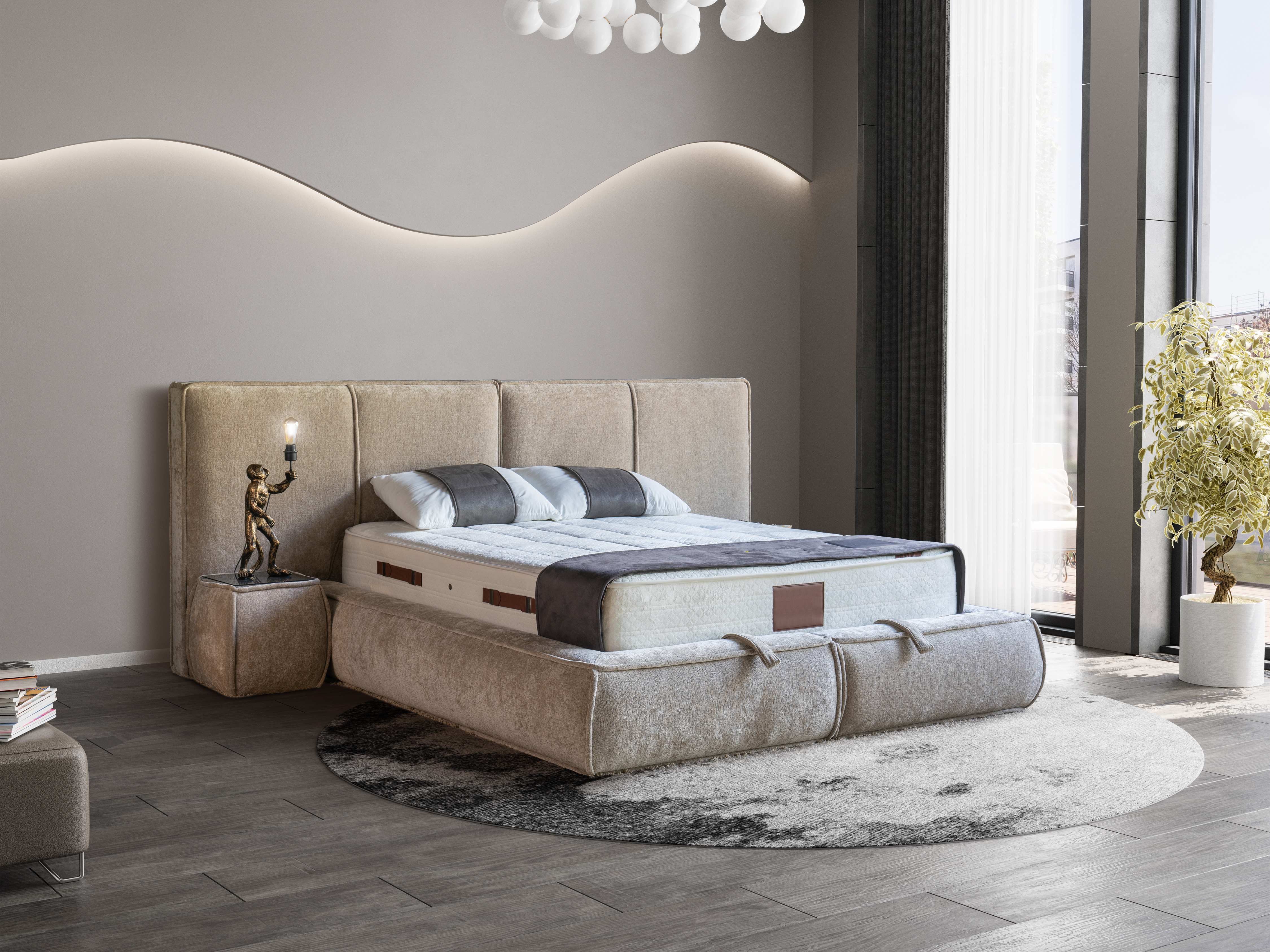 PAT089, Pat tapitat 160x200 cm, somiera dubla rabatabila cu pistoane si lazi depozitare