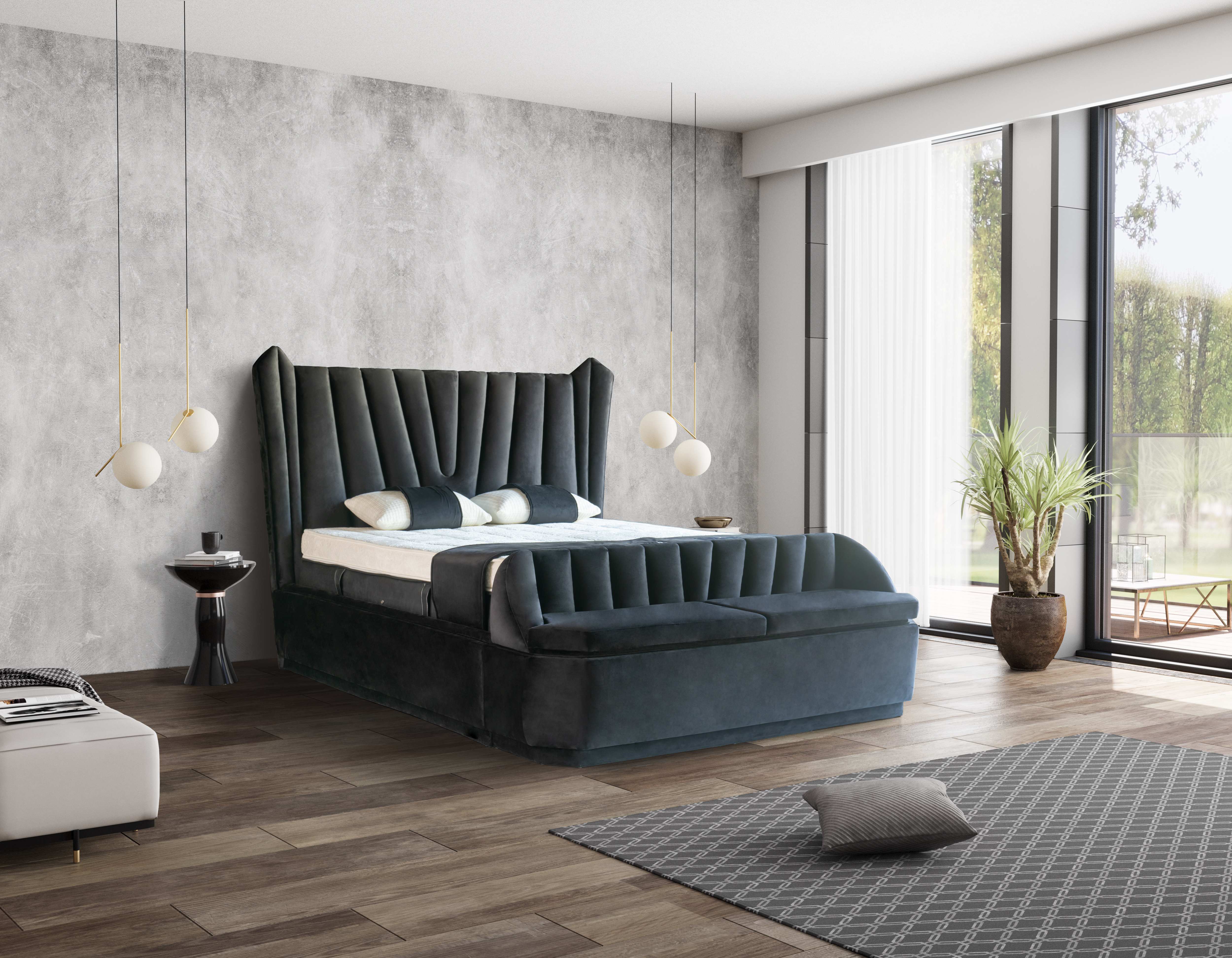 PAT093, Pat tapitat 160x200 cm, somieră dubla rabatabilă cu pistoane și ladă de depozitare