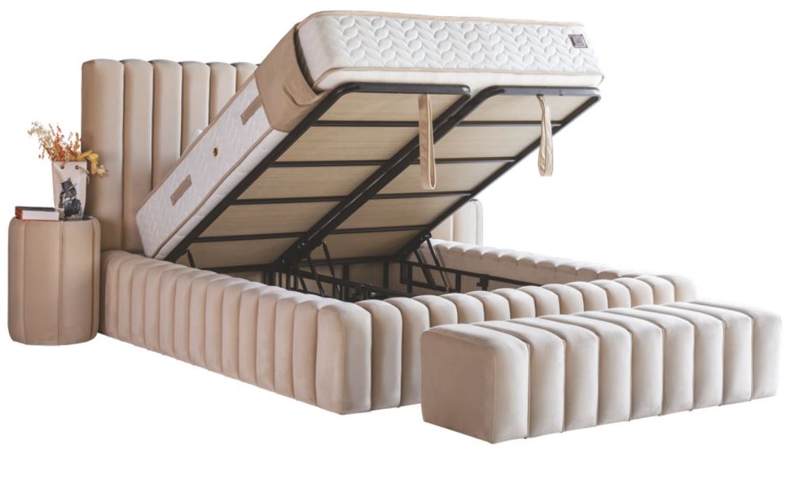 PAT088, Pat tapitat 160x200 cm, somiera dubla rabatabila cu pistoane si lazi depozitare