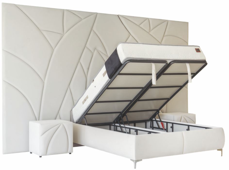 PAT092, Pat tapitat 160x200 cm, somieră dublă rabatabilă cu pistoane și ladă de depozitare