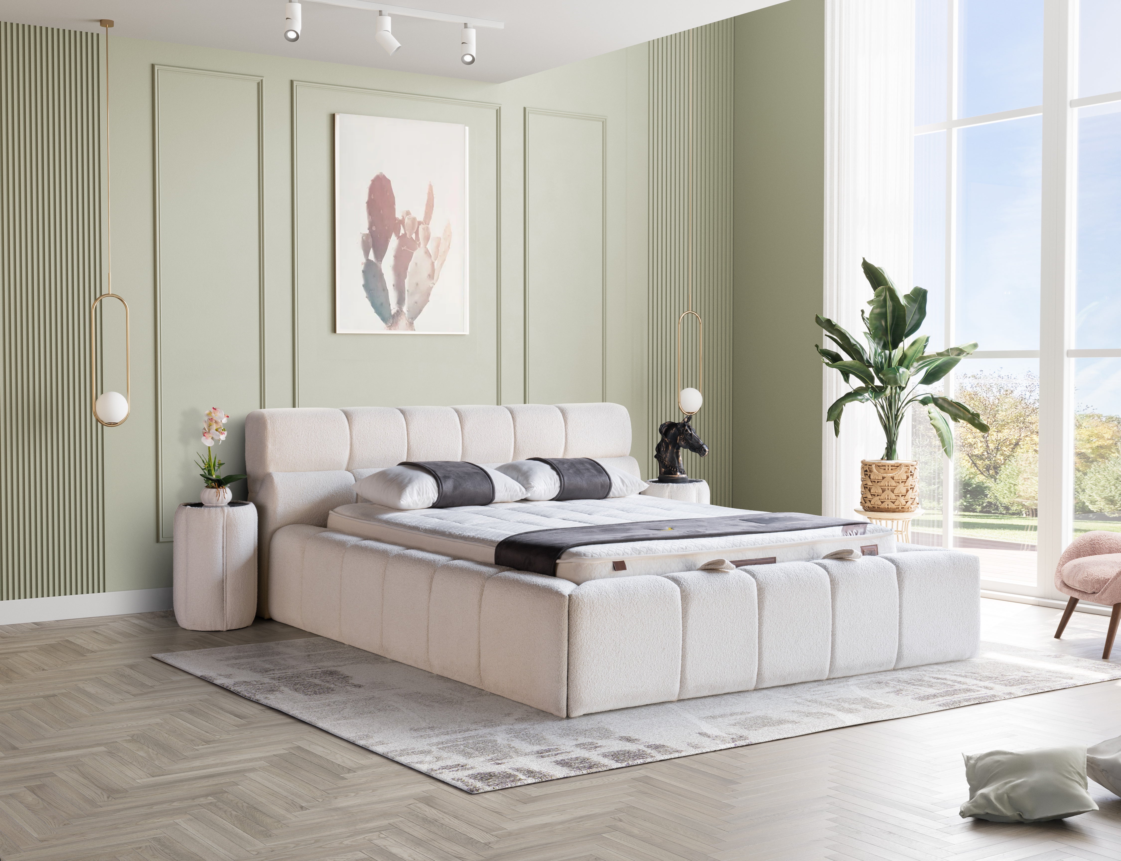 PAT087, Pat tapitat 180x200 cm, somieră dublă rabatabilă cu pistoane și ladă de depozitare